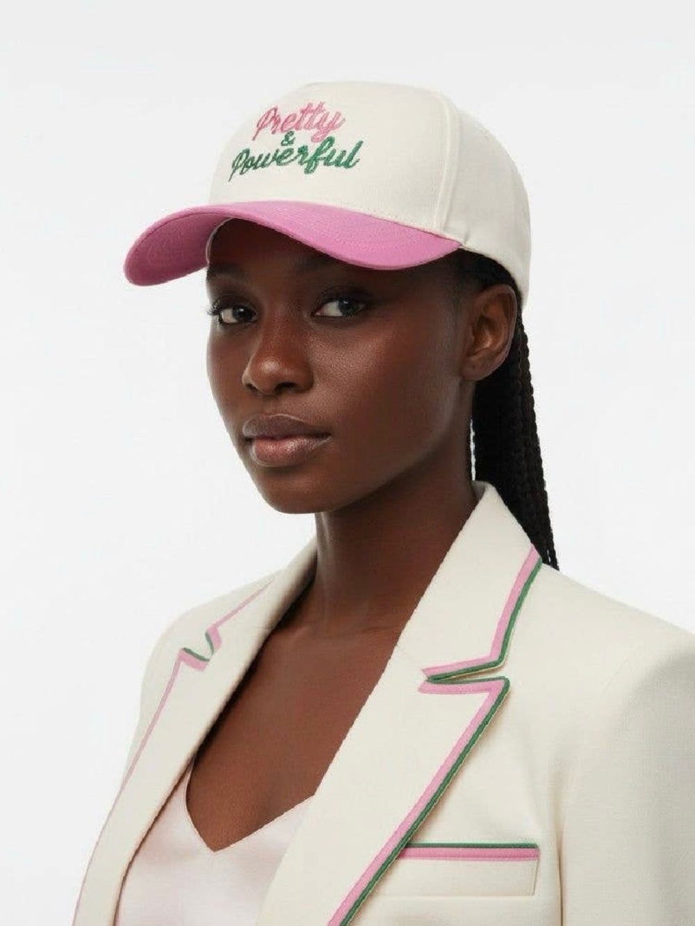 Pretty & Powerful Embroidered Baseball Cap - Cream & Pink